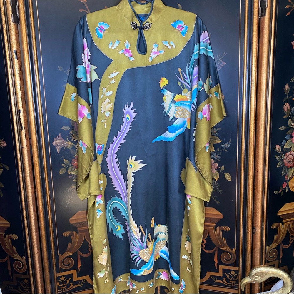 100% Silk Vintage Kaftan Dress w Hand-Painted Phoenix Bird Design
